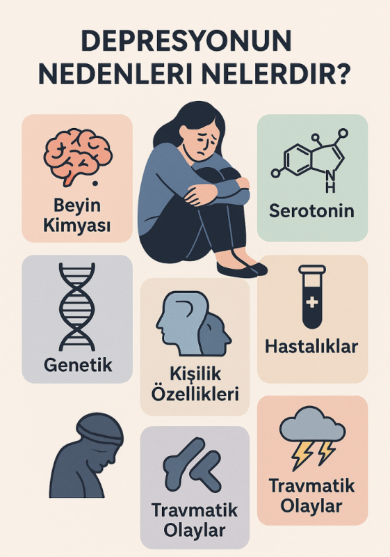 Depresyonun nedenlerini gösteren bilgilendirici görsel: beyin kimyası, serotonin, genetik, hastalıklar, kişilik özellikleri ve travmatik olaylar gibi başlıca faktörler.