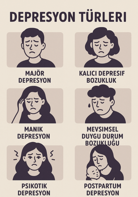 Depresyon türlerini gösteren bilgilendirici görsel: majör, kalıcı, manik, mevsimsel, psikotik, postpartum depresyon gibi farklı türlerin açıklayıcı illüstrasyonları.
