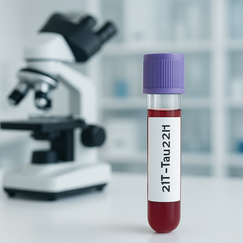 Alzheimer tanısında kullanılan p-Tau217 kan testi tüpü ve laboratuvar ortamı