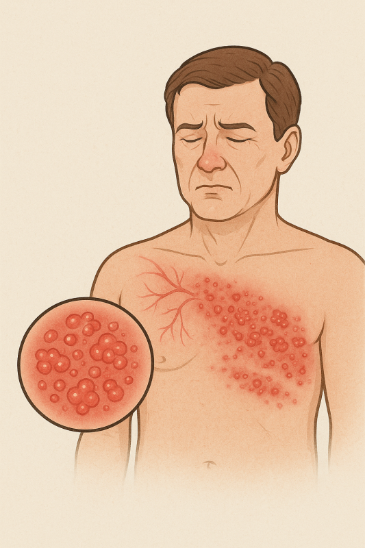 Zona hastalığını gösteren tıbbi illüstrasyon; göğüs bölgesinde sinir hattı boyunca oluşan kırmızı ve içi sıvı dolu kabarcıklar.