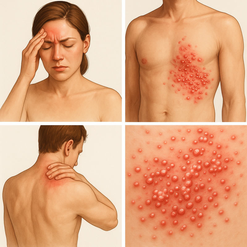 Zona hastalığının belirtilerini gösteren tıbbi illüstrasyon; baş, göğüs, sırt bölgelerinde kızarıklık, ağrı ve kabarcıklı döküntüler.