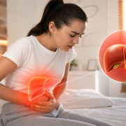 Karaciğer bölgesinde ağrı yaşayan kadın ve GGT testi ile ilişkili karaciğer görselleştirmesi