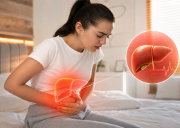 Karaciğer bölgesinde ağrı yaşayan kadın ve GGT testi ile ilişkili karaciğer görselleştirmesi