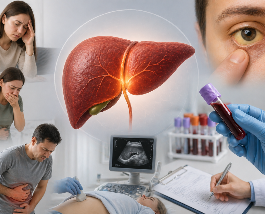 GGT testi kapsamında karaciğer ve safra yollarını temsil eden tıbbi görsel