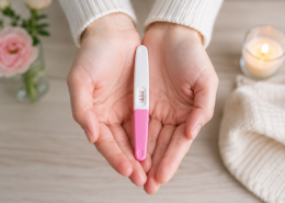 Ellerinde pozitif beta hCG gebelik testi tutan kişi