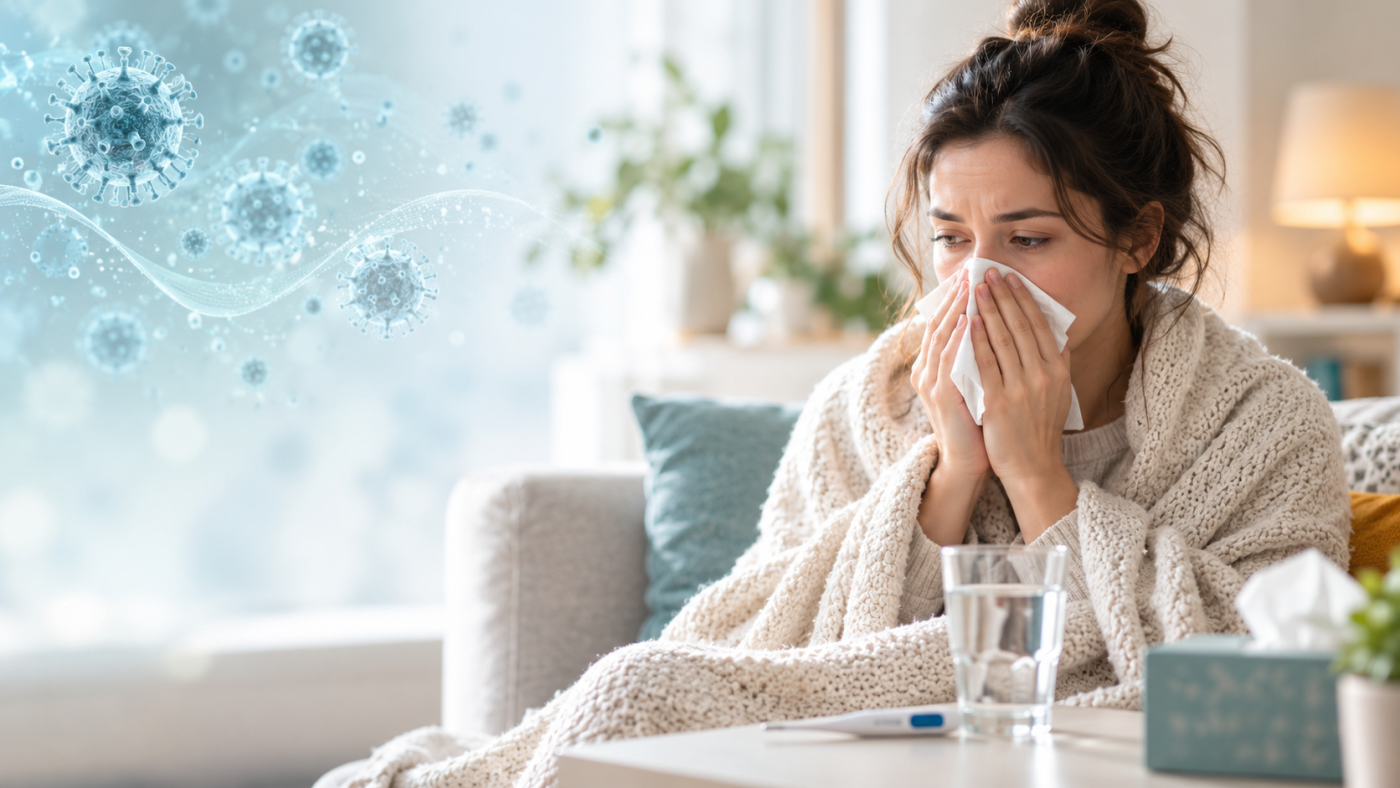 Evde mendil kullanan grip belirtileri yaşayan bir kişi; arka planda influenza virüsü illüstrasyonu